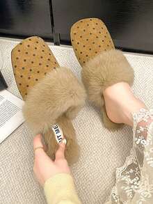Women's Khaki Fluffy Indoor Slippers, Quiet Soft Sole, Winter Wearable Versatile Polka Dot Flat Fur Slippers, Anti-Slip Comfortable - Khaki - View 1