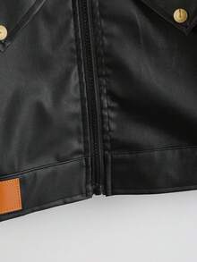 Girls' Faux Leather Jacket With Lapel Collar, Zipper, Flap Pockets And Button Decor, Short Biker Style Autumn Outerwear - Black - View 5
