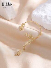 Hihho 1pc Single Ear Leaf Rhinestone Stud Ear Cuff, Copper Plated Ear Cartilage Ear Hook Jewelry, Suitable For Daily, Holiday, Commute, Date Wear - Leaf Ear Cuff - View 3