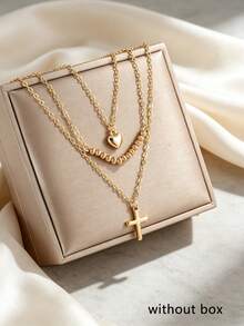 2pcs Heart & Cross Pendant Multi-Layer Necklace Set, Suitable For Women's Daily Wear, Date, Party, Layering - Yellow Gold - View 5