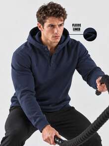 Men's Navy Blue Fleece Lined Hooded Sweatshirt, Solid Color Snap Button Half Placket, Long Sleeve Casual Sportswear, Regular Fit, Suitable For Autumn/Winter - Royal Blue - View 9