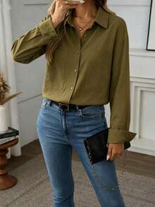Women Plain Front Button Pocket Casual Long Sleeve Shirt, Suitable For Spring/Summer - Mocha Brown - View 2