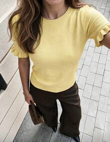 Women's Casual Yellow Round Neck Ruffle Short Sleeve Loose Fit T-Shirt, Spring/Summer Style, Suitable For Dating And Daily Wear - Yellow - View 8
