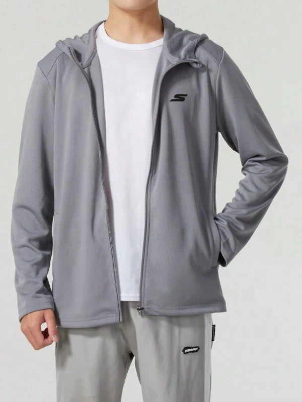 Skechers Men's Hooded Zip-Up Sports Jacket, Breathable Quick-Dry Mesh, Loose Fit Casual Running And Fitness Cardigan Top - Dark Grey - View 1