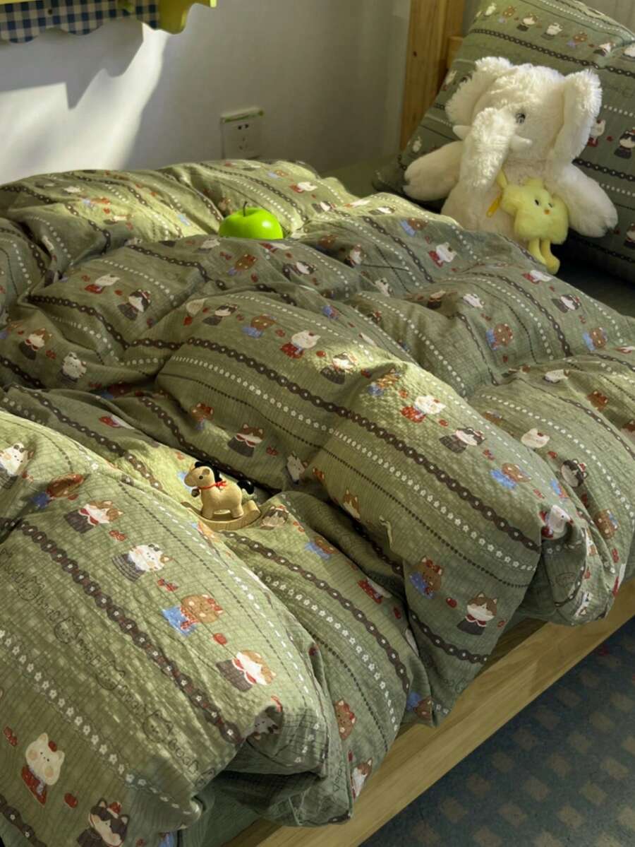 舒適床上用品套裝（1件被套 + 1件床單 + 1/2件枕套，不含填充物）青少年與成人被套組，超細聚酯纖維，可愛動物印花，可愛貓咪，花卉線條圖案，四季通用 - 軍綠色 - 查看 1