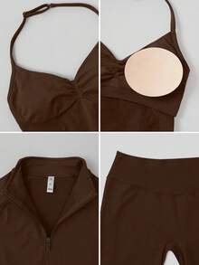 NcmRyu Women's 3 Pieces Set Solid Color Seamless Halter Adjustable Strap Tank Top Zipper Stand Collar Jacket Butt Lift Flare Pants Three Pieces Outfit - Mocha Brown - View 4