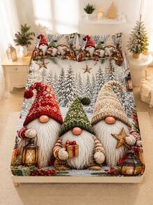 3pcs Winter Forest Gnome Bedding Set, Christmas Forest Gnome Dwarf Pine Tree Lantern Gift Print (1 Fitted Sheet + 2 Pillowcases, Pillow Inserts Not Included), Comfortable And Breathable, Multiple Sizes Available, Suitable For Master Bedroom, Guest Room, Etc. - Multicolor - View 2