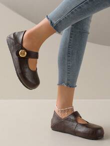 Gold Buckle Double Strap Mary Jane Shoes, Solid Color Versatile Flat Shoes With Metal Buckle And Rounded Toe, Suitable For Daily Wear - Coffee Brown - View 4