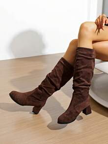 Women's New Western Boots Ruched Stacked Maillard Tall Boots Cowboy Riding Boots Knee-High Boots - Coffee Brown - View 2