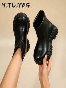 Sepatu Bot Pendek Nyaman Musim Gugur/Dingin Hitam Putih Bertali Hak Wedges Sol Tebal Sepatu Bot Modis - Hitam - View 3