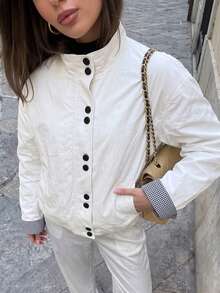 1pc Women's Gentle Solid Color Stand Collar Short Jacket, Plaid Cuff Design, Suitable For Commuting, Shopping, Dating, Short Trips - White - View 1