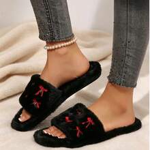 Women's Plush Open Toe Slippers, Red Bow Embroidery Decor, Warm & Non-Slip, Suitable For Indoor Bedroom Home Wear - Black - View 3