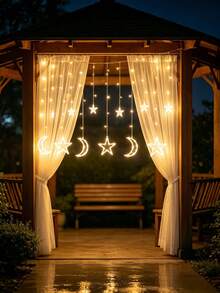 1PC 138LED Moon Star Curtain Fairy Lights, USB Operated 8 Lighting Modes Warm White String Light, Indoor Window Wall Decor For Holiday Birthday Party - Warm Light - View 7
