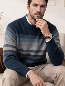 Navy Blue Men's Checkered Stripe Casual Crew-Neck Thick Knit Sweater, Winter, For Fall, Long Sleeve Top - Navy Blue - View 1