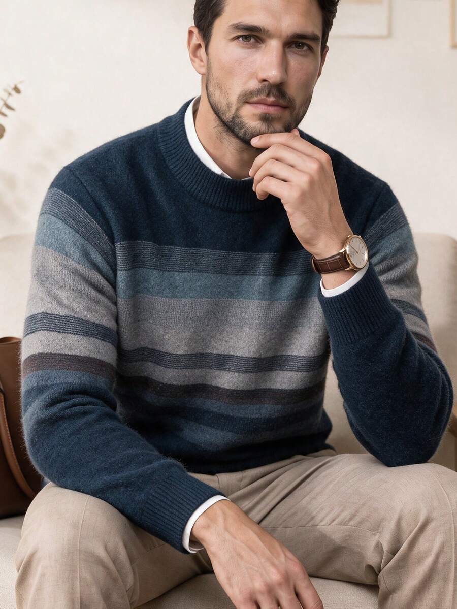 Navy Blue Men's Checkered Stripe Casual Crew-Neck Thick Knit Sweater, Winter, For Fall, Long Sleeve Top - Navy Blue - View 1
