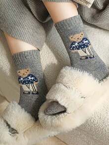 5 Pairs Women's Winter Tights, Comfortable And Warm, Featuring Teddy Bear And Mushroom Patterns, Machine Washable, 5 Colors (Brown/Grey/Black), Suitable For Casual And Formal Occasions, Cute Animal Pattern Design, Warm And Comfortable, Plush Material, Essential For Sock Lovers, Christmas Gift (1/3/5) - Multicolor - View 6