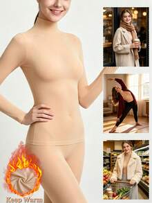 2pcs Women's High Neck Seamless Warm Long Sleeve Innerwear Tops, Slim Fit Elastic Autumn Winter Base Layer - Apricot - View 6
