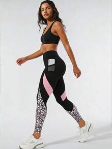 Women's Leopard Print Contrast Mesh Slim Fit Long Pants, With Pockets, Mid-Stretch Polyester Leggings - Multicolor - View 11