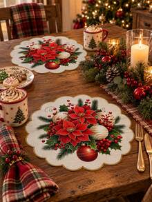Set Of 2/4/6 Red Poinsettia And Bell Christmas Placemats – Festive Holiday Table Decor; Linen Placemats Featuring Poinsettia Floral Designs; Suitable For Christmas Table Settings And Year-Round Use. - Multicolor - View 8