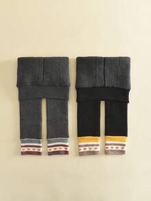 2pcs Thickened Baby Leggings With Heart Pattern, Children's Tights, Long Pants, Warm And Comfortable, Girls' Tights, Autumn/Winter - Multicolor - View 12
