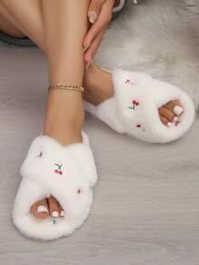 Cute Cherry Embroidered Plush Slippers, White Fluffy Plush Upper, Cross Strap Open Toe Design, Flat Comfortable, Women's Autumn/Winter Home Casual Thermal Slippers - White - View 2