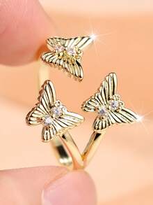 1 Exquisitely Set Cubic Zirconia 3D Butterfly Open-Faced Women's Ring-Perfect For Everyday Wear, Commuting, And Dates - Yellow Gold - View 1