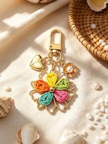 1pc Handmade Raffia Woven Double Layer Flower Hanging Ornament, Zinc Alloy Braided Rope Women's Keychain, Bohemian Vacation Style, Solid Color / Colorful Floral Design, Heart Pearl Decor Bag Charm, Couple Car Key Chain Pendant - Multicolor - View 9
