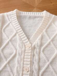 Girls' Preppy Solid Color Cable Knit Bow Cardigan, Long Sleeve Knit Sweater, Suitable For School Daily Wear In Spring, Autumn, Winter - Apricot - View 7