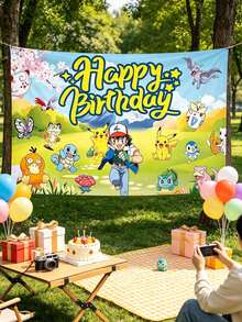 asmodee Pokemon Cartoon Birthday Background Banner, 4 High-Definition Digital Prints, Halloween, Christmas, Holidays, Daily Party Wall Decoration Atmosphere-Enhancing Banner Props - Multicolor - View 2