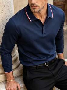Men's Spring/Autumn Fashion Casual Loose Fit Long Sleeve Polo Shirt With Turn-Down Collar, Suitable For Daily Commute And Travel - Navy Blue - View 1