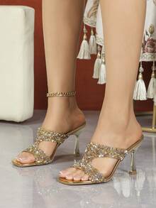 Glam Party Gold Rhinestone Square Toe Mule Heels, Cut‑Out X‑Strap Slip On Flared High Heel Slide Sandals For Wedding Evening Occasion - Gold - View 2