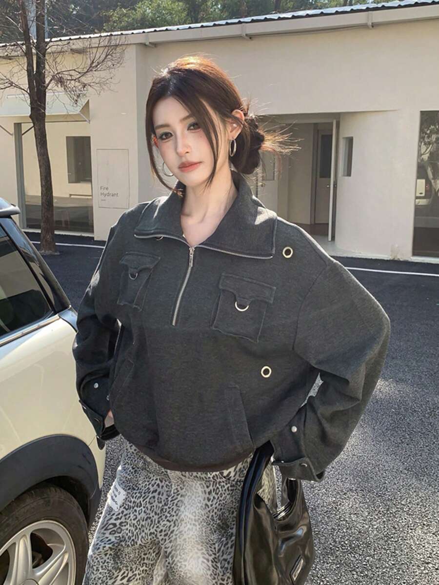 Spring/Autumn Vintage Hot Girl Oversized Half-Zip Pullover Sweatshirt With Large Collar, Stand Collar, Pockets, Multi-Wear Top - Dark Grey - View 1