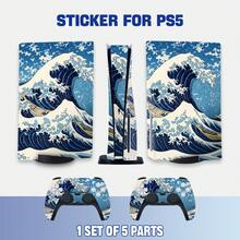 Stiker Pelindung Pola Gelombang Seni Vintage Kompatibel dengan Disc Edition, Set Lengkap Pelindung Konsol dan Pengontrol Ganda, Aksesori Gaming Vinyl Tahan Air, Tahan Gores, dan Dapat Dilepas - View 2