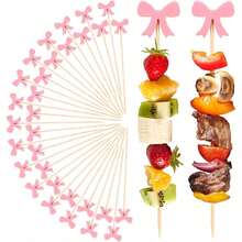 20/50/100pcs Exquisite Cute Pink Bow Food Skewers (Natural Bamboo, Smooth Surface) Lovely Design Decorative Set For Fruit Platters, Cooked Foods And Party Decorations. Christmas Essential. - Q - View 1