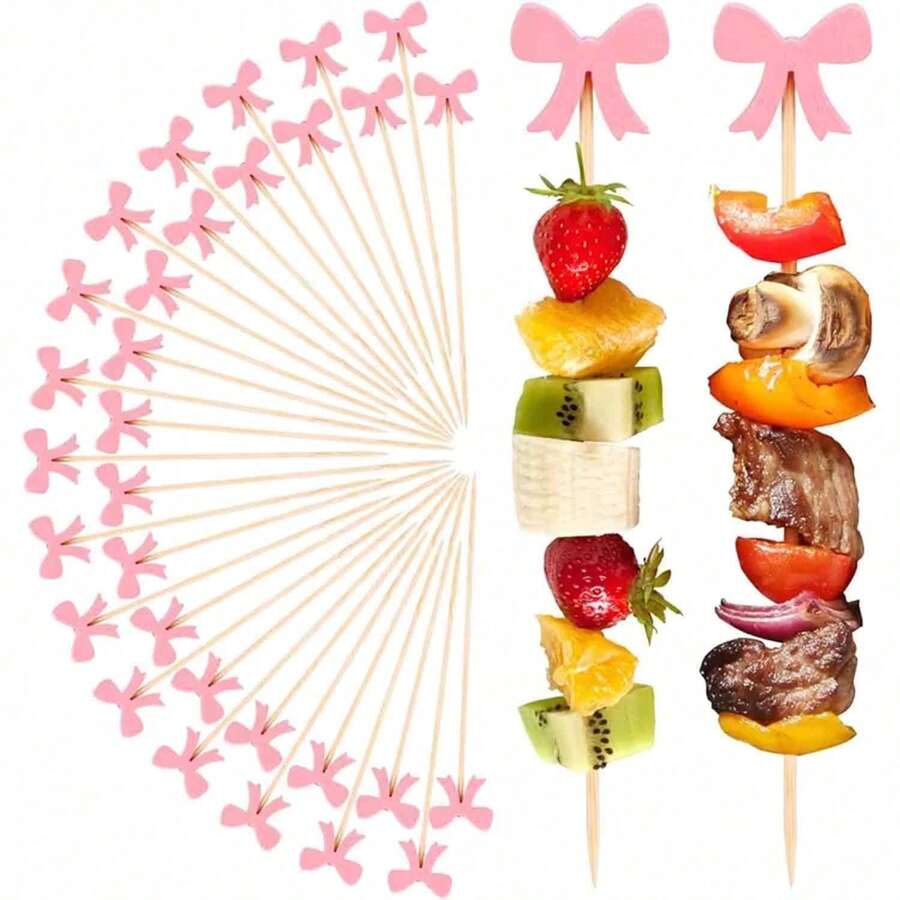 20/50/100pcs Exquisite Cute Pink Bow Food Skewers (Natural Bamboo, Smooth Surface) Lovely Design Decorative Set For Fruit Platters, Cooked Foods And Party Decorations. Christmas Essential. - Q - View 1