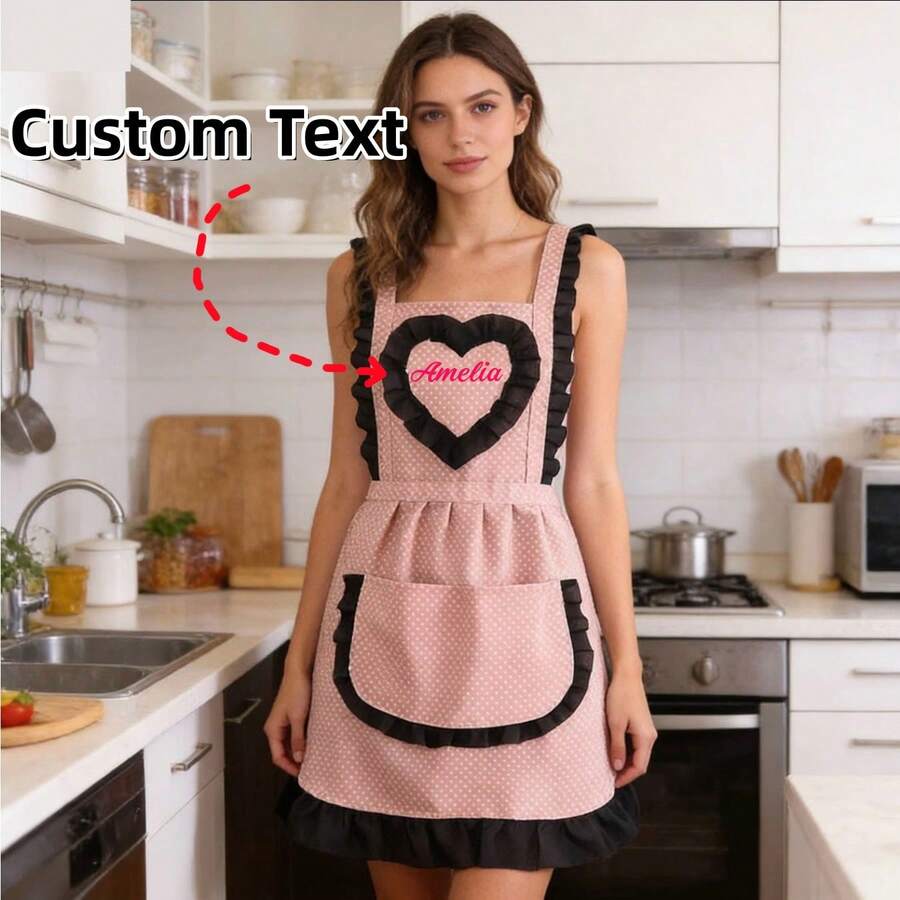 1PC Customizable Text Embroidered Cute Princess Dress Apron, Maid Style Apron, Heart Design Large Pocket Apron, Hand Drying Apron, Adjustable Apron, Art Studio Apron, Beautiful - Multicolor - View 1