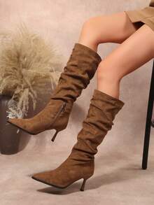 New Women's Fashion Elegant Pointed Toe High Heel Slouch Boots With Inner Zipper Knee-High Slimming Boots - Khaki - View 1