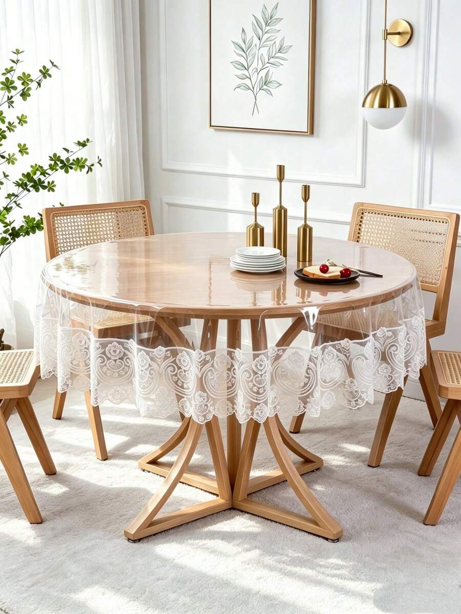 1pc Transparent PVC Round Tablecloth With White Lace Trim, Waterproof Oil-Proof Clear Table Cover, Decorative Table Mat For Home Kitchen Dining Table - Beige - View 1