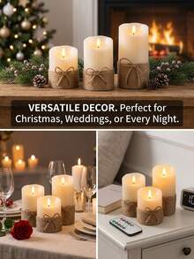 Vintage Hemp Rope Bow LED Candle Set, Realistic Flickering Flame With Remote Control And Timer, Home Desktop Ambient Decor, Holiday Birthday Gift, Party Decoration - Beveled Hemp Rope - View 3