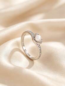 1pc Elegant Pearl Statement Ring For Women Floral Fan Shape Design Adjustable Open Ring Jewelry Gift Accessory - Multicolor - View 2