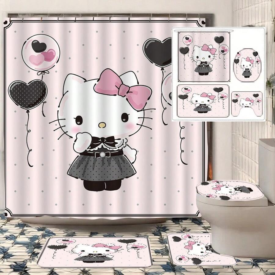 4pcs Sanrio Hello Kitty Print Shower Curtain Set, Suitable For Various Decor Styles, Both A Practical Bathroom Essential And A Perfect Gift For Holidays, Birthdays And Parties. - Shower Curtain Set - View 1