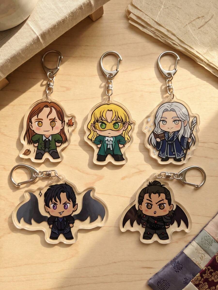 5pcs Fantasy Romance Novel Chibi Character Aesthetic Acrylic Keychains, Fantasy Romance Novel/Thorns And Roses Cute Q-Version Character Series Irregular Pattern Pendant, Backpack And Car Key Accessories, Gift For Fantasy Novel Readers And A-COTAR Fans - Multicolor - View 1