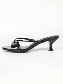 Glam Daily Black Glossy T‑Strap Thong Mule Heels, Square Toe Cross Strap Slip‑On Flared Mid‑Heel Slide Sandals For Evening Occasion - Black - View 8