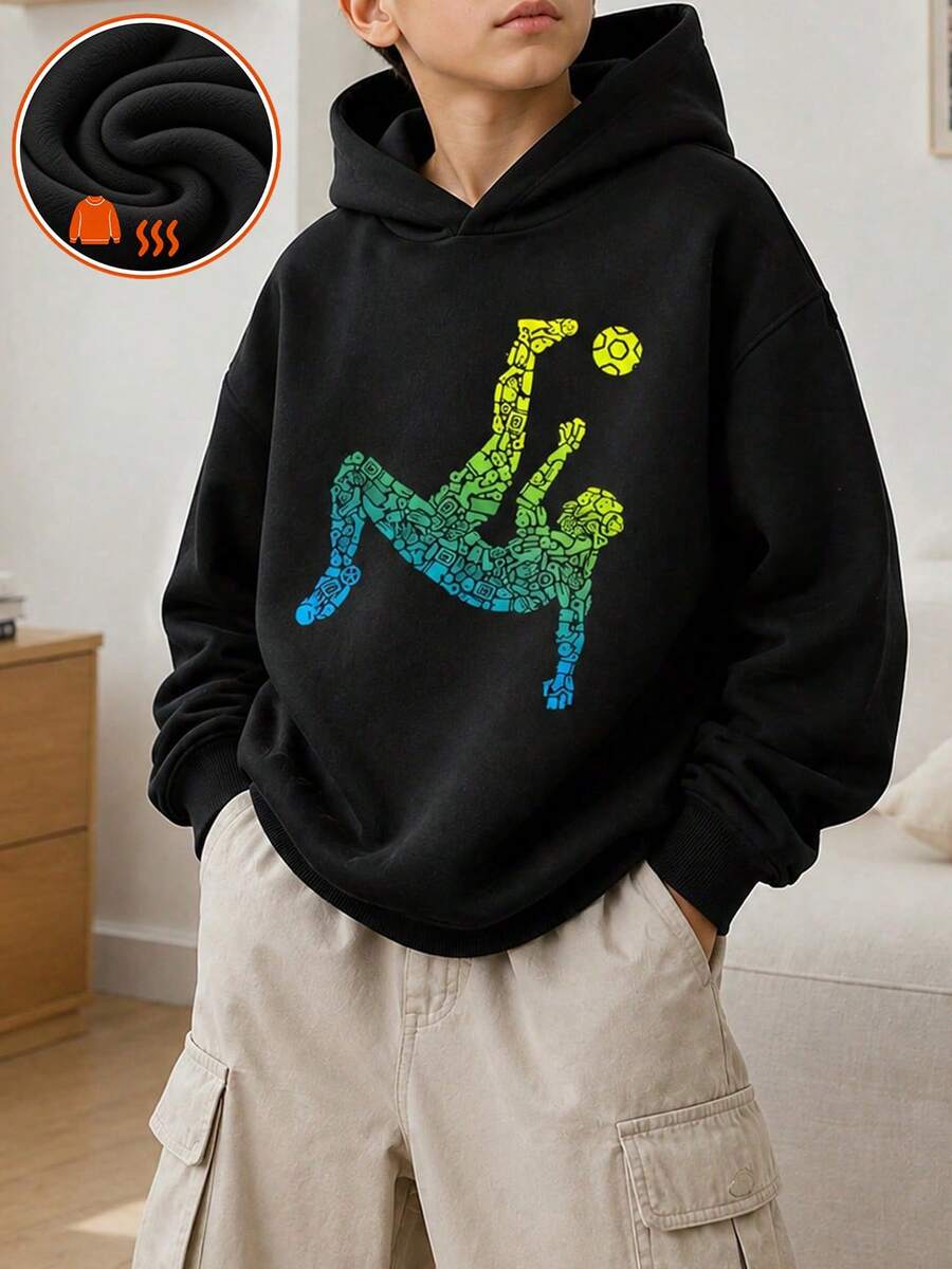 一件装青少年男童加厚保暖连帽衫，学生服装，适合儿童，时尚/街头/运动风格，秋冬长袖上衣 - 黑色 - 查看 1