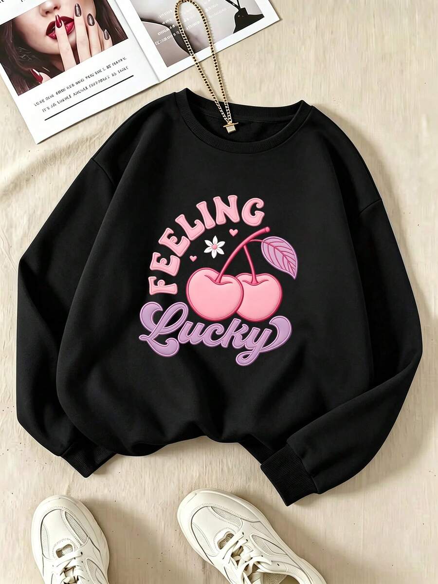 Plus-Size Women's Crew Neck Sweatshirt With Lucky Cherry Print, Casual And Simple, Suitable For Autumn And Winter Wear, Women's Top. - Black - View 1