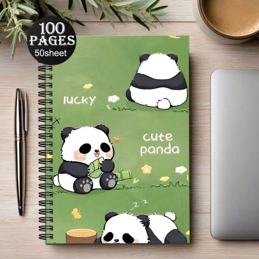 1pc Cute Panda Theme Notebook, A5 Spiral Notebook With Adorable Panda Pattern Design, Soft Cover, Durable Paper, Suitable For School, Office, Diary, Recording | Perfect Gift For Students And Professionals, Design Daily Planner, Record Classroom Notes, Office Memo, Portable Writing Notebook, Suitable For Professionals, Students And Office Use - Perfect Gift Choice, Artistic Cover Design, Learning Formula, Record Journal - 1 Pack (50 Sheets, 100 Pages) - View 1