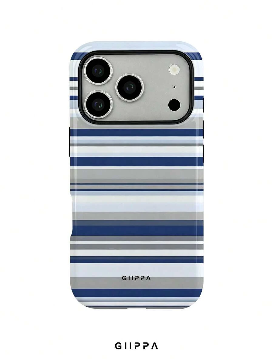 GIIPPA 1pc Blue Tone Striped Mixed Pattern Design Phone Case For Phone 17 Pro Max, Compatible With Phone 16 Pro Max, 15 Pro Max, 14 Pro Max, Korean-Style High-End Fashion Fun Phone Case, Suitable For 11/12/13/14/15/16 Pro Max Plus, Elegant Design For Men And Women, Perfect Gift For Girlfriend On Christmas, Valentine's Day, Easter, Wedding Season And Birthday! - Blue - View 1