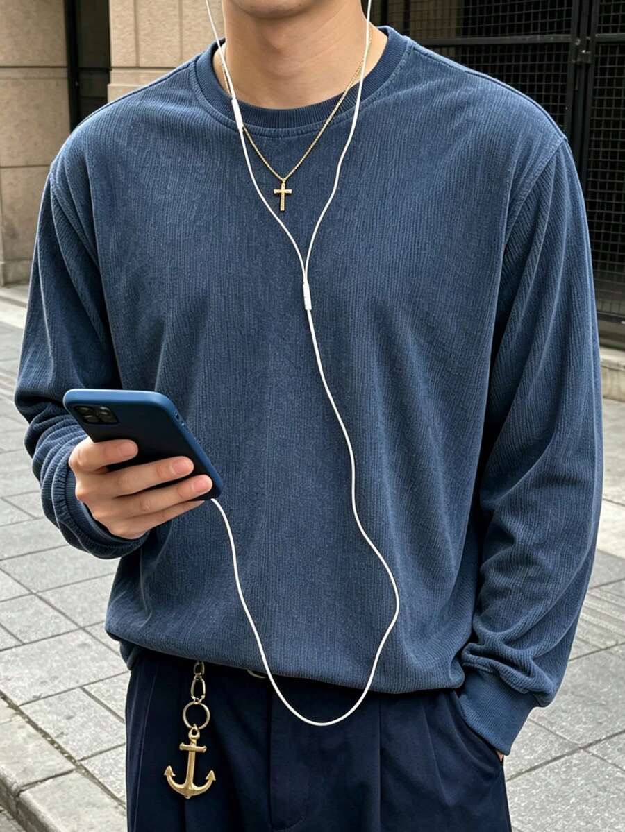 男士灰藍色燈芯絨圓領運動衫,羅紋下擺寬鬆長袖復古休閒套頭衫,適合春秋穿著 - 霧霾藍 - 查看 1