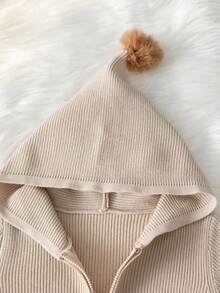 Baby Boy Cute Solid Color Pom Pom Hooded Cardigan Sweater, Long Sleeve Knit, Suitable For Casual Daily Wear In Spring, Autumn And Winter - Brown - View 7