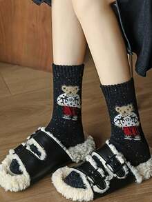 5 Pairs Women's Winter Tights, Comfortable And Warm, Featuring Teddy Bear And Mushroom Patterns, Machine Washable, 5 Colors (Brown/Grey/Black), Suitable For Casual And Formal Occasions, Cute Animal Pattern Design, Warm And Comfortable, Plush Material, Essential For Sock Lovers, Christmas Gift (1/3/5) - Multicolor - View 5